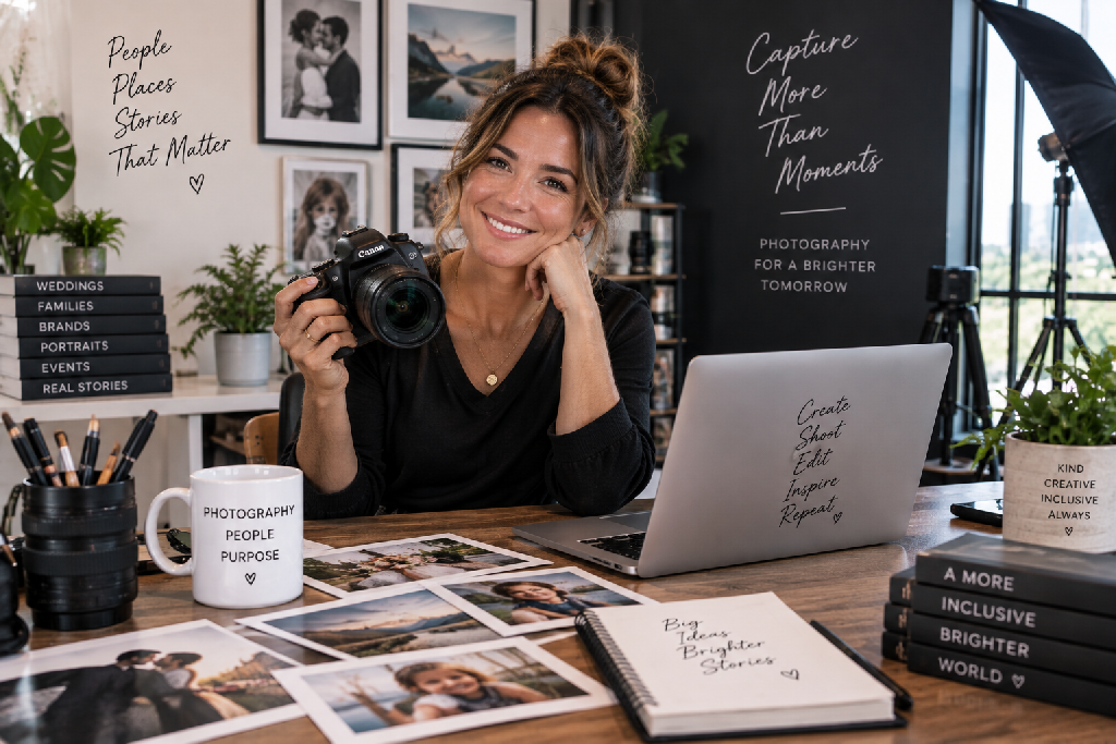 A professional female photographer smiling in her creative studio, holding a camera beside her laptop, surrounded by photography equipment, framed images, printed photographs, plants, and branding materials. The scene promotes her photography business with messages such as “People, Places, Stories That Matter” and “Capture More Than Moments.”